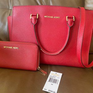 Michael Kors Red Saffiano Leather Crossbody Satchel **WALLET INCLUDED**